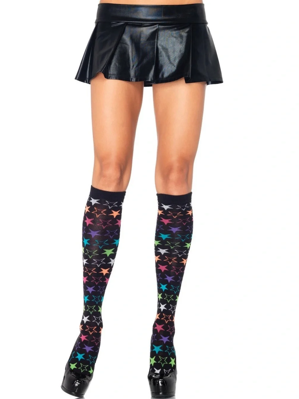 Brand New-Leg Avenue Black Knee High Socks with Multicolor Stars